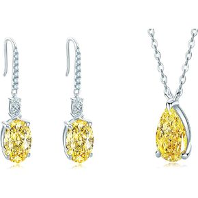 Dangle Oval Yellow Diamond Earrings and Pear Shaped Pendant Necklace