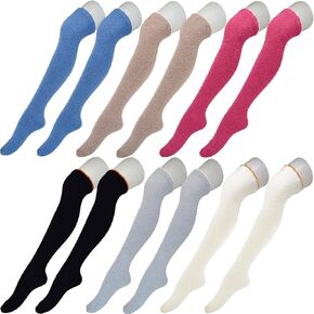 6 Pairs Fluffy Over Knee Socks, Classic Knee Thigh High Sock, Soild Color Over Knee Leg Warmer Winter