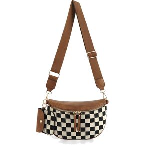 حزم فاني للنساء ، حقيبة Crossbody Checkered Checkered Passered Based Black and White Bum Bags Checkerboard Bag (A-Brown)