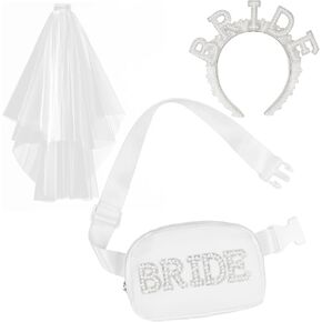 Lamyba 3pcs Bachelorette Party Decorations Bride Veil,Pearl Bride Fanny Pack&Pearl Bride Headband Bachelorette Party Favors/Accessories Bachelorette Gifts for Bride Bridal Shower Gifts