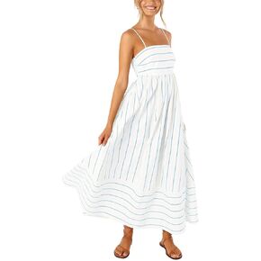 Women Striped Sleeveless Spaghetti Strap Maxi Dress Swing Cutout Midi Dress Backless Smocked Boho Flowy Sundress