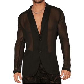 OYOANGLE Men's Long Sleeve Sheer Mesh Blazer Jackets Party Lightweight See Through Button Front Shirts Outwear