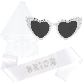 Pearl BRIDE TO BE Heart Sunglasses, Bridal Veil & Sash Set - Wedding, Bridal Shower & Bachelorette Party Favors