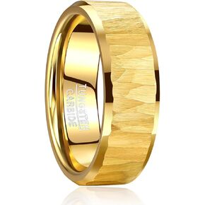 Mens Tungsten Wedding Bands Hammered Ring 8mm Classic Black/Gold/Silver Wedding Rings with Beveled Edges Comfort Fit Jewelry Gift for Him Size 7-13