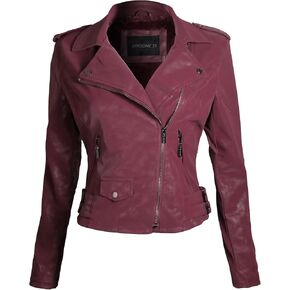 Awesome21 Women's Women's Classic Leather Moto Jacket with Furry Lining and Double Belt