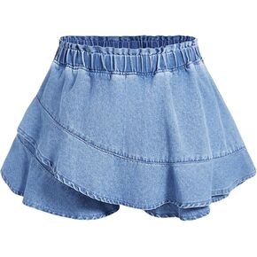 MakeMeChic Women's Plus Size Jean Shorts Elastic Waist Tiered Layer Denim Skorts