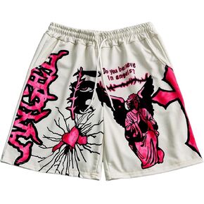 Men's Skeleton Gothic Track Shorts Butterfly Printed Drawstring Designer Athletic Bottoms White Heart Small