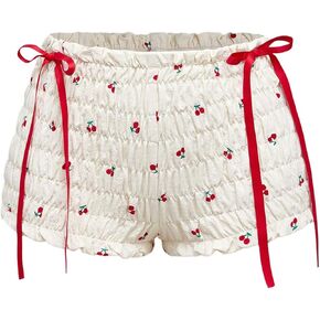 Women's Cherry Print Ruffle Mini Shorts Y2k Bowknot Coquette Causal Shorts