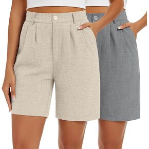 2 Pack Linen Bermuda Shorts for Women Dressy High Waisted Casual Elastic Pleated Wide Leg Summer Shorts with Pockets