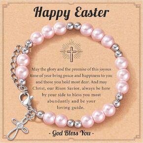 Cross Pink Pearl Bracelet for Girls, Easter | First Communion | Baptism |Confirmation Gifts for Girls Godchild Daughter Granddaughter