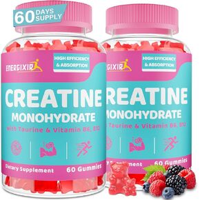 Creatine Monohydrate Gummies, Creatine for Women, Creatine Pre Workout Chewables Supplement with Taurine & B6 - for Muscle, Recovery, Strength, Energy & Endurance and Performance - 120 Count