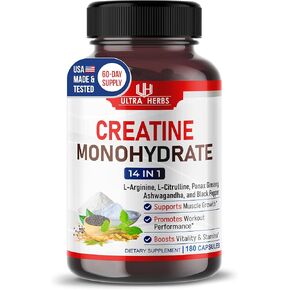 Ultra Creatine Pills | Creatine Monohydrate Capsules Enhanced with L-Arginine, L Citrulline, Ginseng | Support Stamina, Energy & Muscle Growth | 180 Capsules