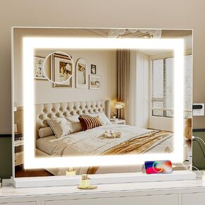 Fenair Vanity Mirror with Lights: 23" x 18" LED Makeup Mirror with 3 Color Modes and Adjustable Brightness Hollywood Mirror with 10X Magnification Large Light Up Mirror with USB Charging Port White