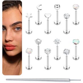 Florideco 14K Gold Filled Threadless Nose Studs for Women Hypoallergenic Surgical Steel Nose Rings Push In Flat back Nose Stud Labret Studs CZ Tragus Helix Piercing Jewelry 16G 18G 20G
