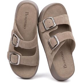 Genuine Leather Platform Sandals Women Slip-on Beach Sandals Slide Buckle Comfortable with Soft Lining and Open Toe Low Wedges