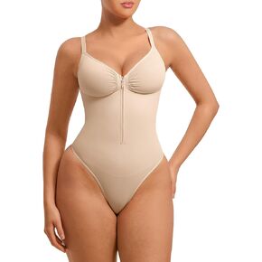 FeelinGirl Shapewear Bodysuits Tummy Control for Women: Seamless Zip-Up Thong Snatched Waist Body Suit V Neck Body Shaper Skin Medium