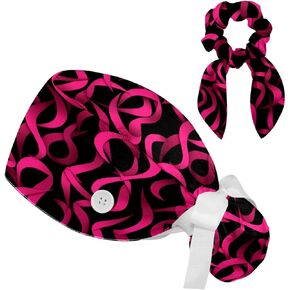 Scrub Caps Women with Button,Adjustable Bouffant Surgical Caps with Ponytail Pouch,Breast Cancer Ribbon Pink Working Cap with Bow