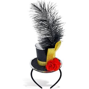 Black Mini Top Hat Headband with Feathers, Ringmaster Costume Accessories for Halloween, Carnival, Party, Mardi Gras, Xmas, Steampunk