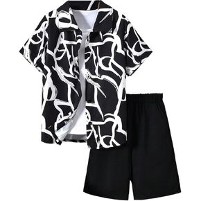 Verdusa Boy's 2 Piece Summer Casual Button Front Shirt and Track Shorts Printed 2 Pieces Outfit Set