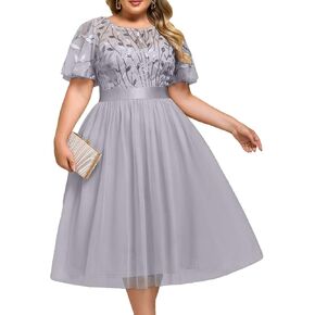 Ever-Pretty Plus Women's Round Neck Embroidery Short Sleeves Sequin Tulle Midi Plus Size Cocktail Wedding Guest Dresses