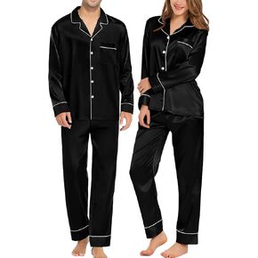 SWOMOG Couples Matching Pajamas Sets Women & Men Silk Satin Long Sleeve Button Down Sleepwear 2 Pcs Classic Loungewear
