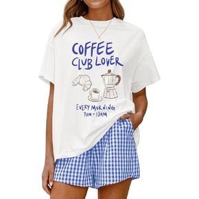 LOGENE Women Two Piece Lounge Pajamas Set Oversized T-Shirts & Boxer Plaid Shorts 2025 Summer Casual Loungewear Comfy Outfits