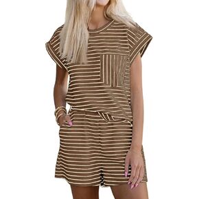 Tankaneo Womens 2 Piece Lounge Sets Striped Summer Outfits Cap Sleeve Tops and Elastic Waist Shorts Matching Set in Kuwait