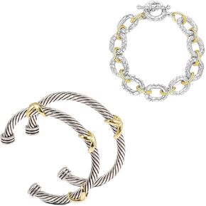 TAYASE 3PCS Two Tone Bracelet Set for Women, Designer Inspired Cable Bangle & Chain Link Bracelets, Silver Gold Mixed Metal Fashion Jewelry Set with Toggle Clasp (Bracelet C STYLE)