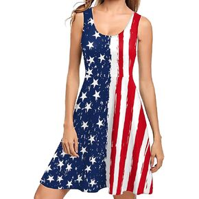 Women's 4th of July Tank Top Dress American Flag Stripes Printed Scoop Neck Loose Flare Dresses