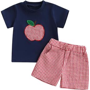 Kids Toddler Boys Back to School Outfit Apple Applique Shirt + Plaid Shorts First Day of Preschool Kindergarten Clothes