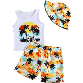 Boy's 3 Piece Outfits Swimsuit Tropical Print Crew Neck Tank Top and Beach Shorts Set with Hat