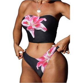 Milumia Women's 2 Piece Strapless Tankini Set Floral Print Bandeau High Cut Bathing Suits