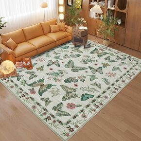 Insect Floral Area Rug for Living Room 5x7 Machine Washable Area Rug Non-Slip Low Pile Large Bedroom Rug Stain Resistant Throw Rug Carpet for Nursery Dining Room Kids Playroom Office Beige