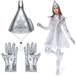 2Pcs Silver Funnel Hat Gloves Set for Adult Cute Funnel Helmet with Elastic Strap Thick Plastic Axe Small Halloween Costume Accessories for Man & Women Cosplay Party