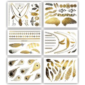 Terra Tattoos Gold Metallic Temporary Tats 75+ Boho Henna Designs Feathers, Tribal, Elephants - Waterproof Nontoxic Long Lasting Perfect for Beach, Festivals, & more! in Saudi Arabia