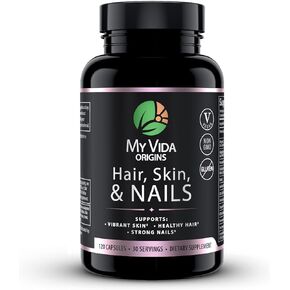 My Vida Origins Hair Skin and Nails | Thicker Hair, Stronger Nails, Vibrant Skin | Supports Natural Beauty | Zinc, Biotin, Vitamin E | Vegan 120 Capsules 1 Month Supply