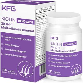 KFG Biotin 10000mcg, Women’s Multivitamin-Mineral, with Keratin, Collagen, Calcium, Niacinamide & Vitamins A, B, D, C, E, for Women Hair, Skin, Nail & Bone Health, 100 Tablets.
