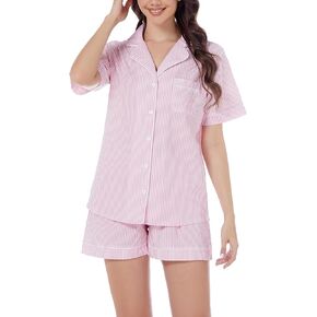 LUBOT 100% Cotton Pajamas for Women 2 Piece PJ Set Woven Poplin Ladies Button Down Long Short Sleeve Printed Sleepwear