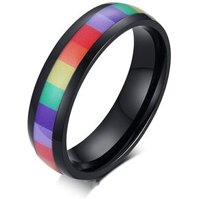 6mm Wide Square Rainbow LGBT Pride Band Rings Chuky Thick Black Enameled Stainless Steel Eternity Promise Statement Engagement Couple Rings Love is Love Finger Knuckle Rings Boyfriend Girlfriend Christmas Valentines Gifts