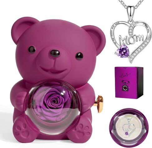 Cute Teddy Bear with Preserved Rose Gifts for Mom,Romantic Rose Flower Bear Teddy, Eternal Flowers with Mom Necklace Gifts for Mothers from Daughter and Son (Purple) in Saudi Arabia