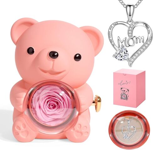 Cute Teddy Bear with Preserved Rose Gifts for Mom,Romantic Rose Flower Bear Teddy, Eternal Flowers with Mom Necklace Gifts for Mothers from Daughter and Son (Purple) in Saudi Arabia