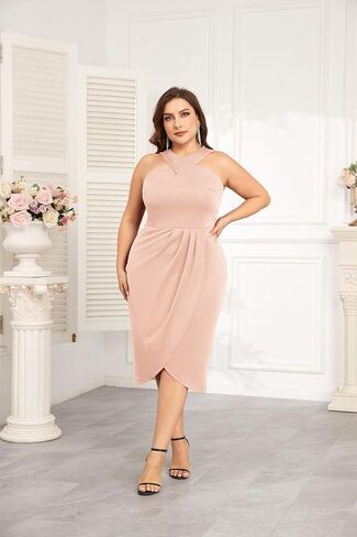 Theenkoln Plus Size Cocktail Dresses:Halterneck Sleeveless Slit Wrap Ruched Formal Weding Guest Bodycon Party Dresses in Saudi Arabia