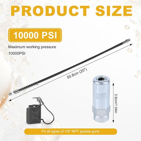 Grease Gun Hose with Grease Gun Coupler, Grease Gun Connector Grease Gun Accessory Kit Resin Spring Flex Hose for 1/8" NPT Thread Maximum Working Pressure 10000 PSI (Black) in Saudi Arabia