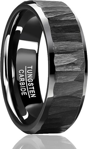 Mens Tungsten Wedding Bands Hammered Ring 8mm Classic Black/Gold/Silver Wedding Rings with Beveled Edges Comfort Fit Jewelry Gift for Him Size 7-13 in Saudi Arabia