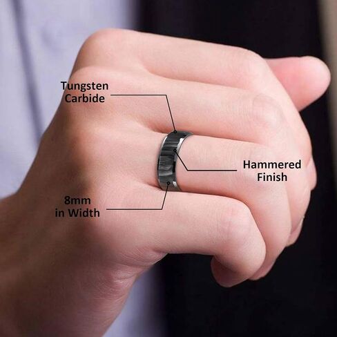 Mens Tungsten Wedding Bands Hammered Ring 8mm Classic Black/Gold/Silver Wedding Rings with Beveled Edges Comfort Fit Jewelry Gift for Him Size 7-13 in Saudi Arabia