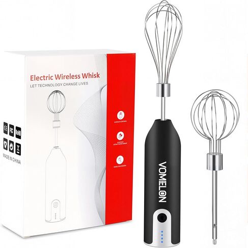 Electric Hand Mixer Whisk| Wireless Rechargeable Handheld Egg Beater with 2 Stainless Steel Mixing Heads | Portable Kitchen Aid Hand Mixer for Egg, Milkshake Cream, Cake, Baking & Cooking-Black in Kuwait