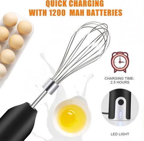 Electric Hand Mixer Whisk| Wireless Rechargeable Handheld Egg Beater with 2 Stainless Steel Mixing Heads | Portable Kitchen Aid Hand Mixer for Egg, Milkshake Cream, Cake, Baking & Cooking-Black in Kuwait