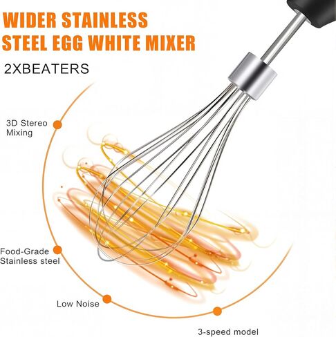 Electric Hand Mixer Whisk| Wireless Rechargeable Handheld Egg Beater with 2 Stainless Steel Mixing Heads | Portable Kitchen Aid Hand Mixer for Egg, Milkshake Cream, Cake, Baking & Cooking-Black in Kuwait