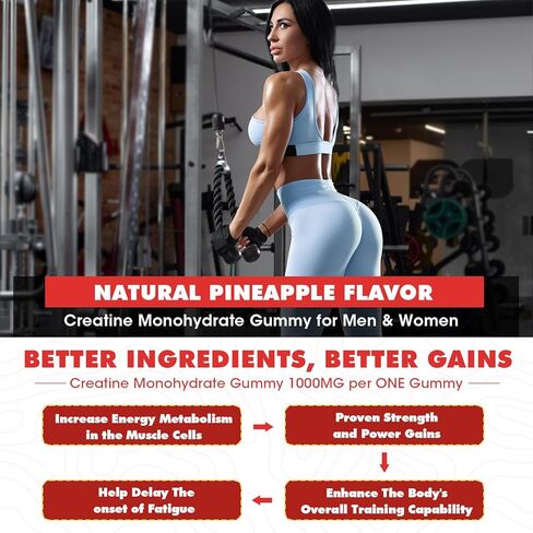 (2 Pack) Creatine Monohydrate Gummy, Sugar Free Chewable Creatine Supplements for Men & Women, Creatine Gummy Gains for Building Muscle, Energy, Pre Workout, Pineapple Flavored in Saudi Arabia