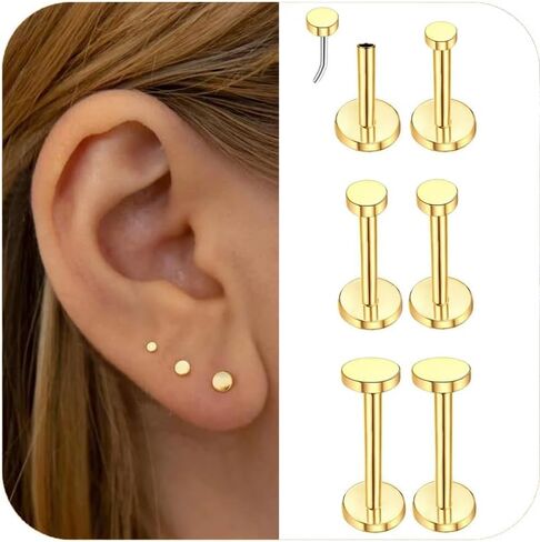 3Pairs Gold Disc Threadless Studs Earrings for Women, Surgical Steel Labret Studs Lip Rings, Push in Flat Back Nose Nostril Tragus Helix Piercing Jewelry for Women 18G in Kuwait